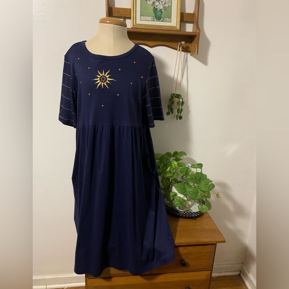 Vintage 90s Navy Blue Celestial Knit Dress with Sun Embroidery M with Pockets!